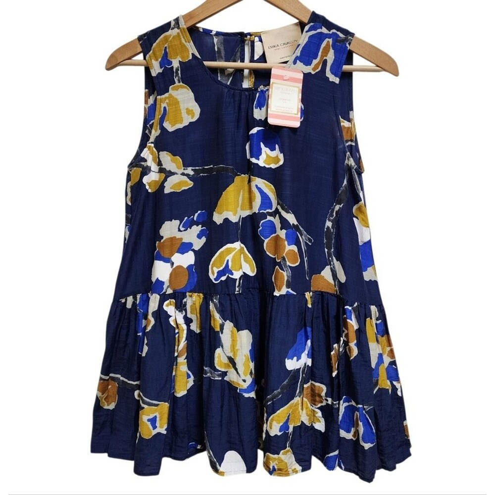 Erika Cavallini Silk Blend Floral Sleeveless Peplum Top Womens Sz M Blue Italy